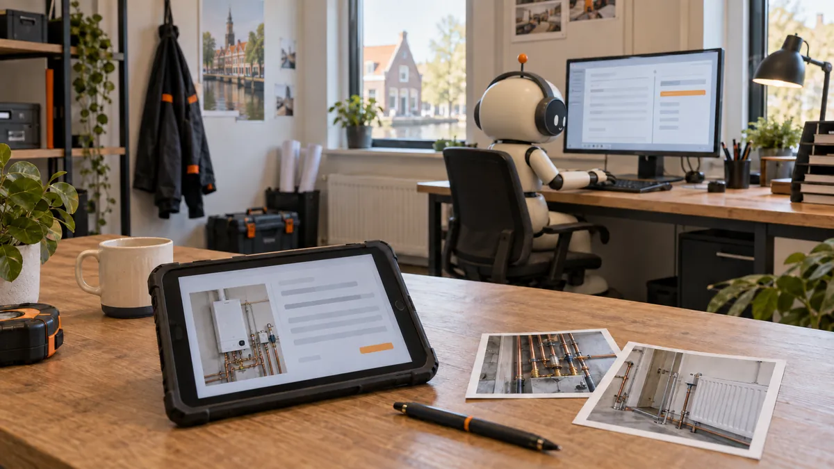 Arbeitsvorbereitung mit Tablet, Anlagenbildern und Pip am Computer.