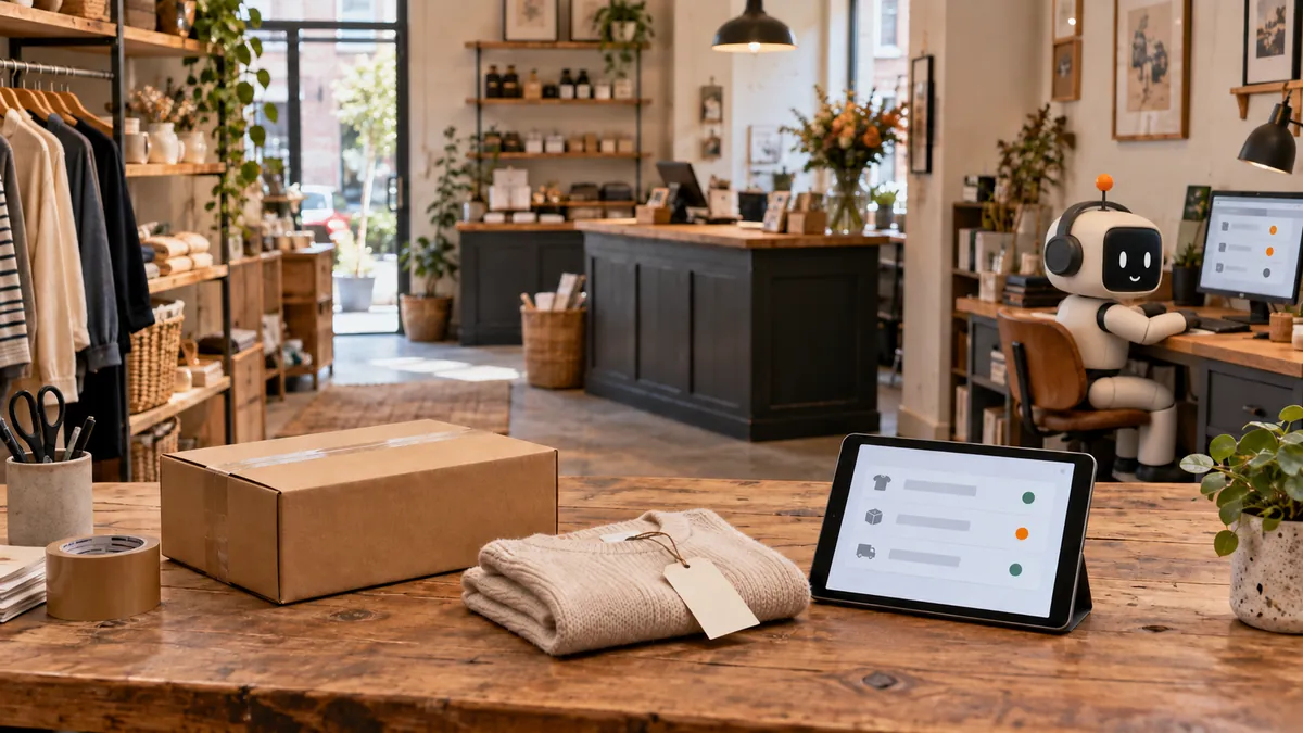 Tienda con mesa de embalaje, paquete, tableta y Pip en administración.